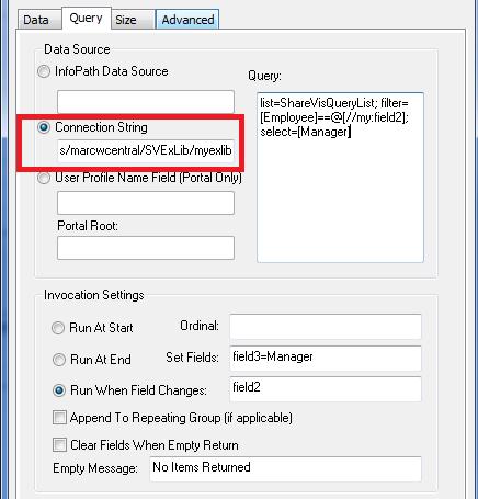 InfoPath Custom Controls Query control Pull data from data source Uses: - Query a data source Properties: Data Source - InfoPath Data Source: specifies an InfoPath data source to query.