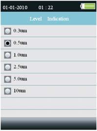 LEVEL (ALARM LIMIT) INDICATION Select the Alarm Limit (Level) of the corresponding particle size. When the selected particle size is exceeded, the instrument alerts the user.