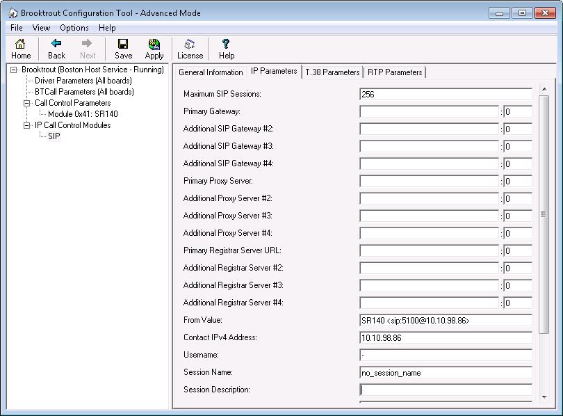 7.5. Configure SIP IP Parameters Navigate to Brooktrout IP Call Control Modules SIP in the left navigation menu. Select the IP Parameters tab in the right pane.