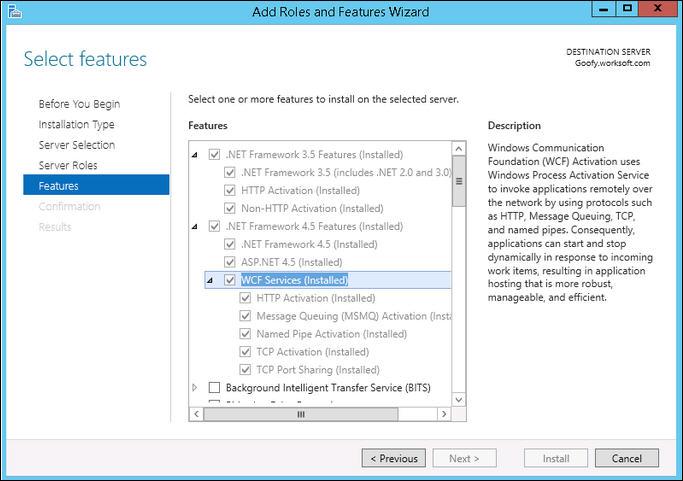 Adding Roles and Features 11 Select the.net Framework 3.5.1 Features (Installed) and all of its child nodes. 12 Select the WCF Services (Installed) and all of its child nodes.