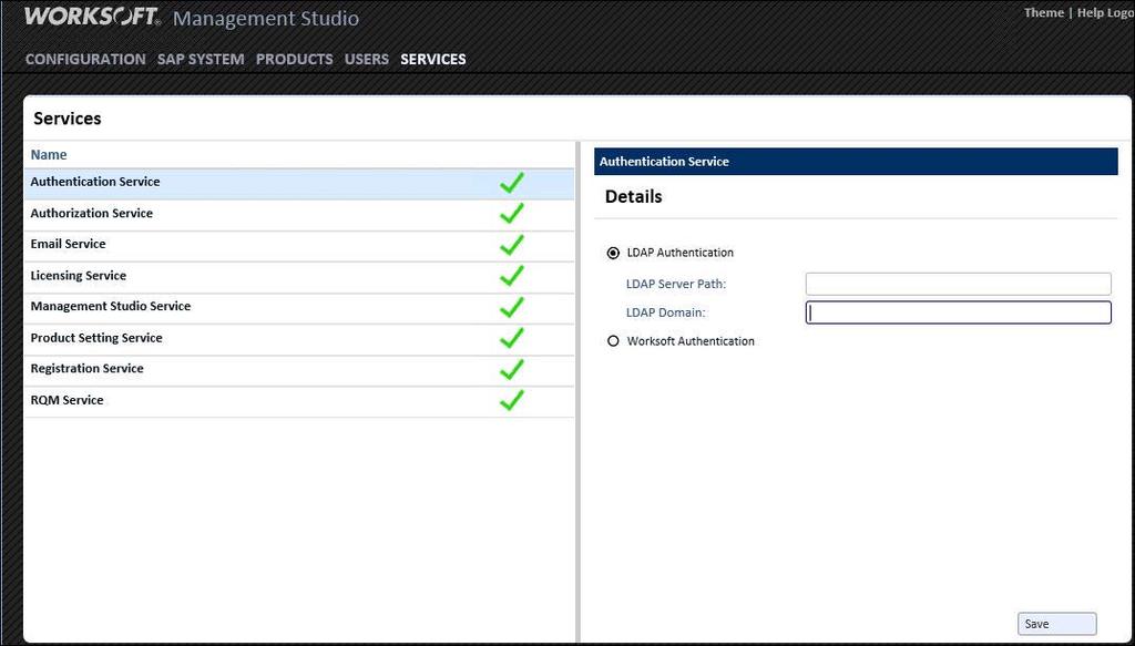 Configuring Services Configuring Services The Services tab in the Worksoft Management Studio is where you will configure your Authentication service and the Email service.