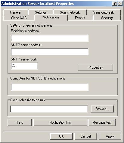 104 Kaspersky Administration Kit Computers for NET SEND Notification: specify destination addresses for network notification recipients. An IP address or a Windows network name may be used.