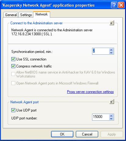 112 Kaspersky Administration Kit Figure 75.. The Network Agent settings window The Network tab The Network Agent installed on the Server's computer can access only the Settings tab (see Figure 74).