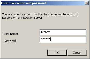 user is not authorized to access the Administration Server, i.e. he/she has is not a member of the logical network operators group (KLOperators), or of the administrators group