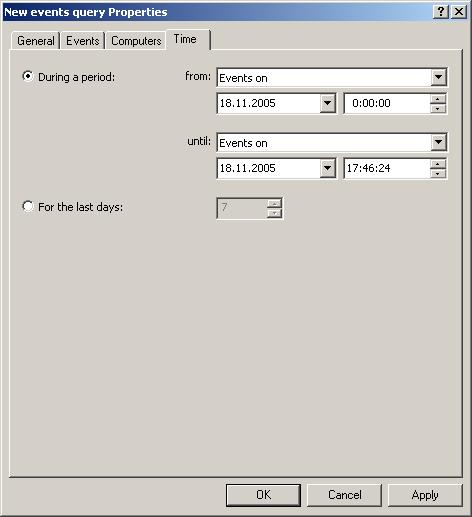 166 Kaspersky Administration Kit Figure 120. Configuring events query. The Time tab You can select the following options: During a period and specify dates for the beginning and the end of the period.