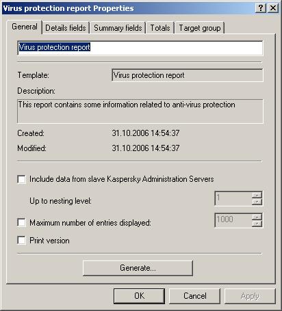 Updating the anti-virus database and program modules 171 Figure 124. The report template settings window.
