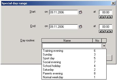 Fig. 120: Parameter window: Special day range, Select day routine Day routine Select a day routine from the list of day routines. Name This column displays the names of the day routines (DR Name). No.