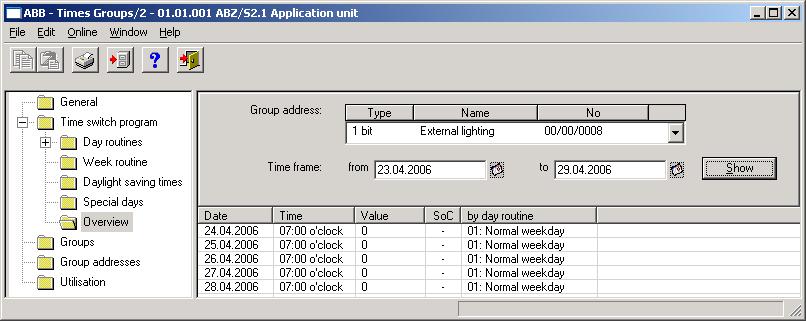3.4.8.1 Display overview Note: Before an overview is edited, group addresses must be linked with day routines. Fig.