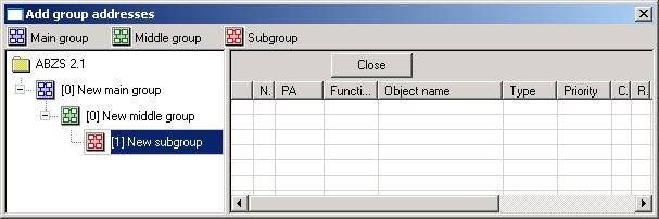 Fig. 211: Dialog window: Group address, Main group, middle group and subgroup created By marking New middle group in the left-hand window, the newly created group