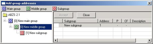 212: Dialog window: Group address, Middle group marked The Accept button is activated by clicking on the group address in the righthand window. Fig.