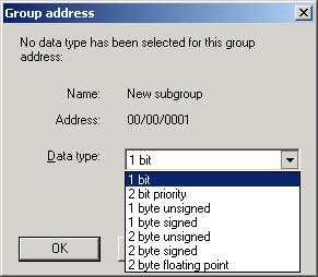 After pressing the Accept button, a further dialog window Group address becomes active. The data type for the newly created group address is selected in this window. Fig.