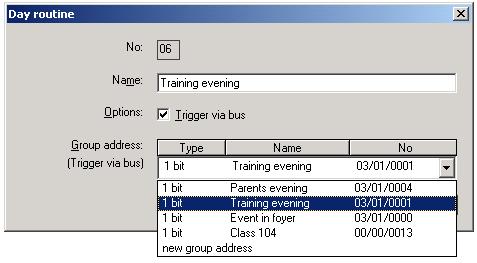 Fig. 58: Parameter window: Day routine, Select new group address Group address (Trigger via bus) Options: existing group address / new group address An existing group address can be assigned in the