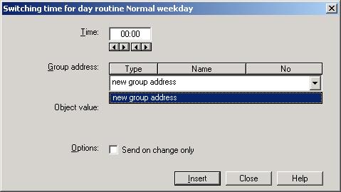 Fig. 66: Parameter window: Switching time, Select new group address Group address Option: new group address The parameter is divided into Type, Name and No.