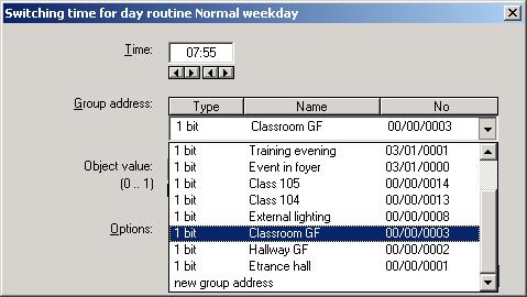 Fig. 83: Parameter window: Switching time for day routine - Normal weekday, Select group address Group address Options: existing group addresses / new group address An existing group address can be