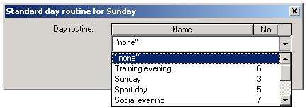 The parameter window Standard day routine for Sunday is activated in the following way: - by double-clicking on the selected weekday or - by pressing the right mouse button and selecting Edit in the