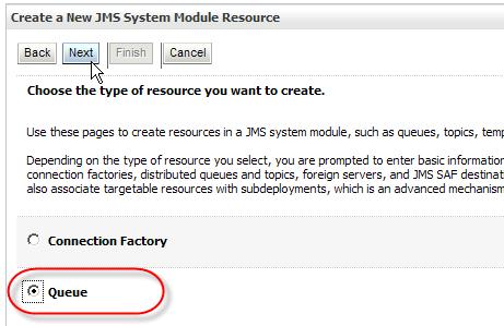 Enter "B2BA19Queue" for queue name, "jms/b2ba19queue" for JNDI name and click Next.