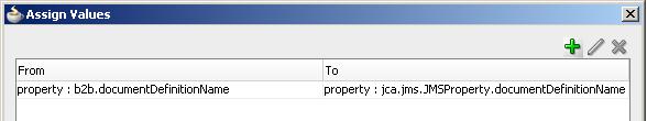 The Assign Values dialogue box will show the new assignment. Repeat the process to assign b2b properties to JMS properties as shown in the table below. b2b.documentprotocolname b2b.