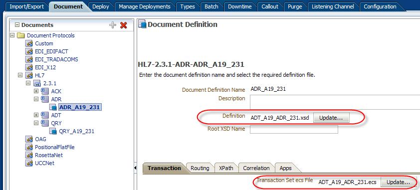 1-->ADR and HL7-->2.3.1-->QRY Under ADR add a new document definition, named "ADR_A19_231", using "ADT_A19_QRY_231.xsd" and "ADT_A19_QRY_231.ecs".