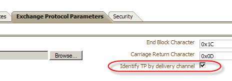 Configure "Exchange Protocol Parameters" as "Identify TP by delivery channel": checked. "Save" your changes.