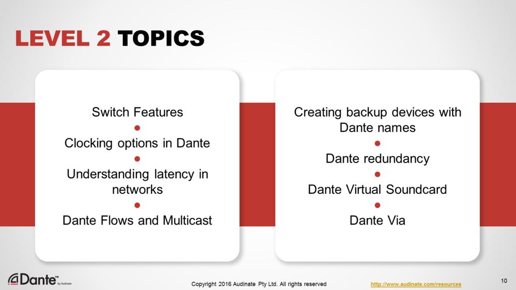 Level 2 topics: It is assumed in this class that you already understand the basic operation of a Dante network, such as how to use Dante Controller to discover and connect Dante-enabled devices.