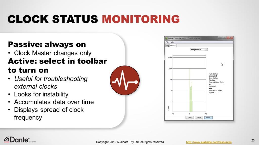 Dante Controller supports 2 types of clock monitoring: passive and active Passive is on all the time, and provides alerts when a Clock Master changes on the network Show Clock Status monitor window