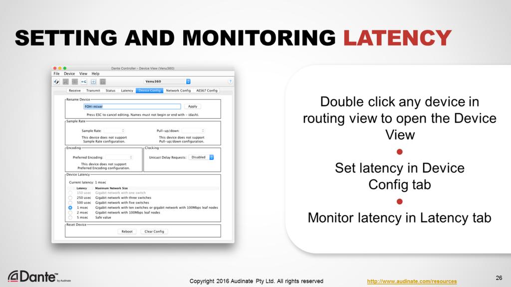To access controls and monitoring for Dante latency for any device, double-click the device name to open the Device View window.