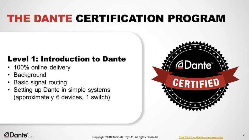 Level 1 of the Dante Certification Program is delivered online It provides a background in digital audio concepts It covers basic automatic and