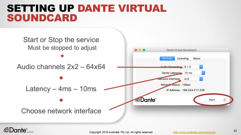 Initial adjustments to Dante Virtual Soundcard: When you open the Dante Virtual Soundcard application, you can Start or Stop the service.