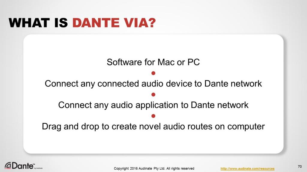 Dante Via is software from Audinate that runs on your Mac or Windows PC, and it is a nifty piece of audio plumbing that is quite different from Dante Virtual Soundcard.