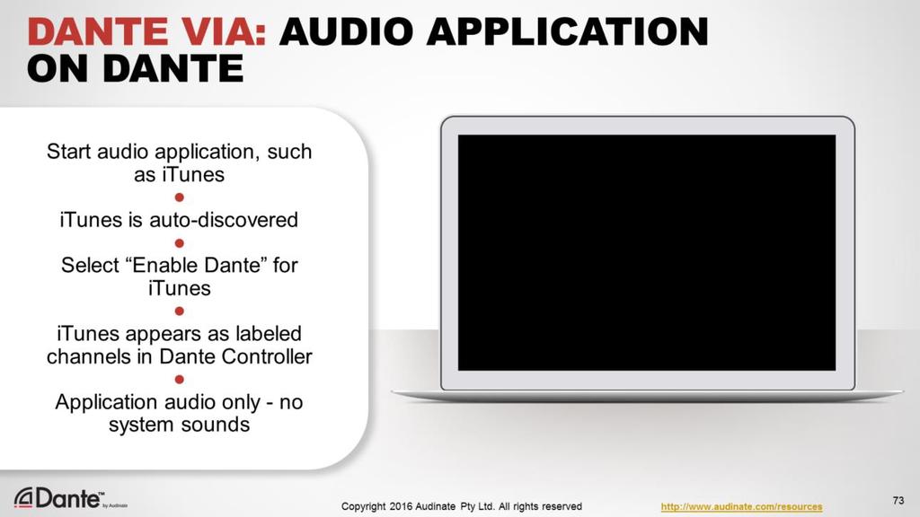 Demonstration 2: Dante-enable an application Now we ve started running itunes Like most consumer audio applications, itunes does not permit you to select a soundcard No problem for Dante Via.