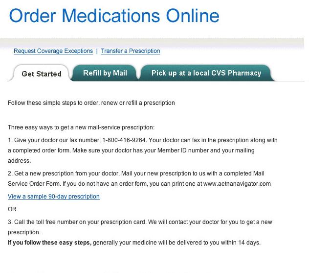 The Start Mail Service page informs a member how to get a prescription through mail service by one of three ways.