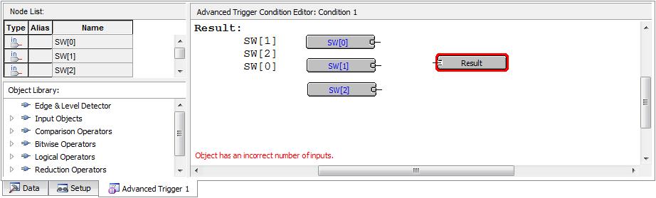 Note that you can also drag and drop each node individually. Figure 19. The three input nodes of interest dragged into the Advanced Trigger Editing Window. 5.