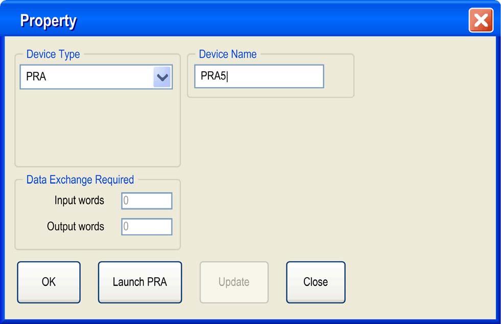 Transferring Data with the I/O Scanner Property Box for BMX PRA 0100 This Property box allows you to choose the name for the PRA module to be configured.