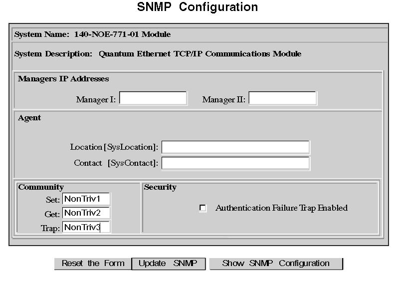 Embedded Web Pages Step Action 2 Enter the Community names for Set, Get, and Trap into the SNMP Configuration page