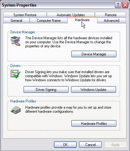 - Select the Hardware tab at the top of this window and then press the Device Manager button.