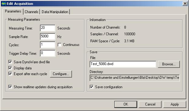 Fig. 9: Hardware setup dialog box Fig. 10: Edit Acquisition The View menu allows the user to configure DynoWare graphic preferences and to edit the trial documentation.