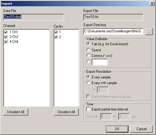 Reference Fig. 13: Export dialog box Tip: Using tabs as delimiters allows the export file to be opened directly in Microsoft Excel. DynoWare uses the American number format with a period ".