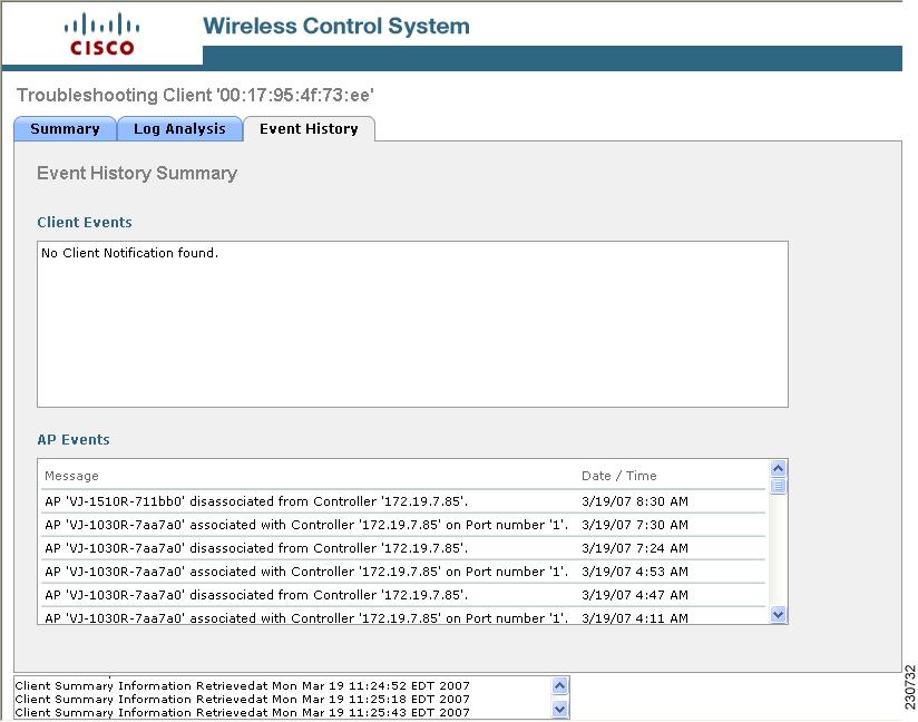 WLAN Client Troubleshooting Chapter 6 Figure 6-13 Event History Tab Step 8 If you click the ACS View Server tab, you can interface with the Cisco Access Control (ACS) System View Server (see Figure