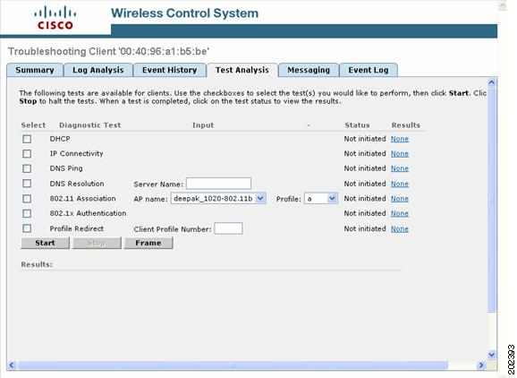 WLAN Client Troubleshooting Chapter 6 Figure 6-15 Test Analysis Tab Step 10 The Test Analysis tab allows you to run a variety of diagnostic tests on the client.