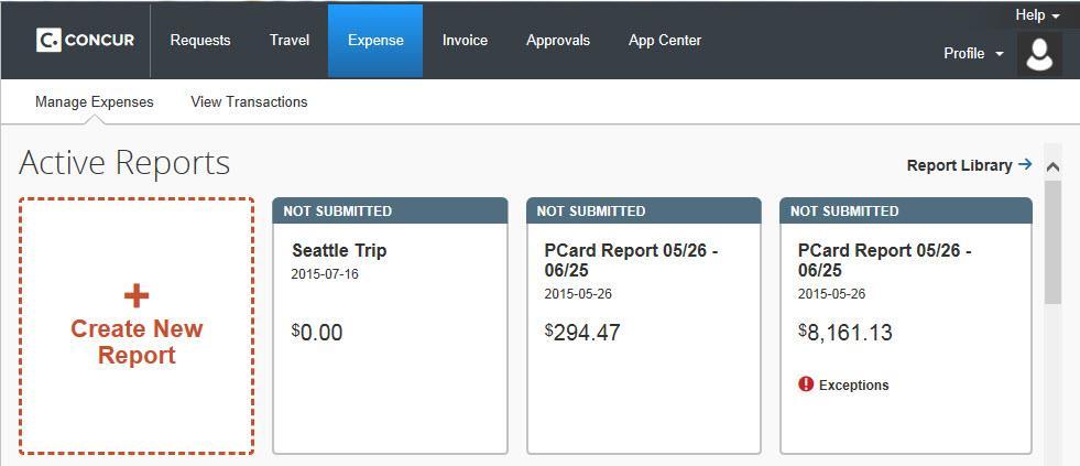 Creating a New Expense Report To create a report: 1. Select from the following: On the home page, on the Quick Task Bar, place your mouse pointer over New, and then click Start a Report.