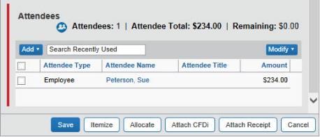 Adding Attendees to a Business Meal Use the favorites field (the type-ahead field to the right of the Favorites button in the Attendees area): With the report open, to add an individual attendee to