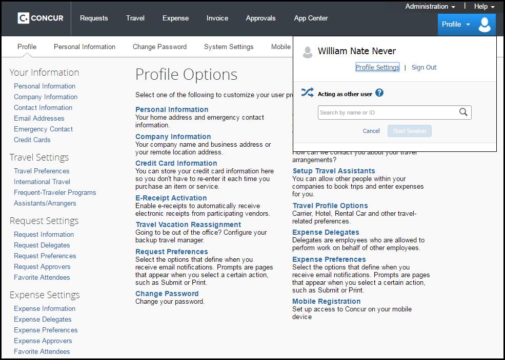 Reviewing and Updating Your Expense Profile Use the profile options to set or change your personal preferences. To access your profile information: 1. Click Profile > Profile Settings.