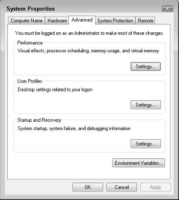 Part I Installation and Getting Started 2. Click the Environment Variables button. The Environment Variables dialog box opens. As shown in Figure 1.
