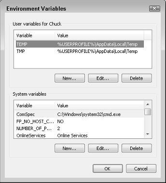 Setting Up the Java Development Environment 1 FIGURE 1.7 The Environment Variables dialog box. User variables are available only to the logged-in user, while System variables are globally available.