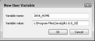 Type PATH in the Variable name text field, type %JAVA_HOME%\bin in the Variable value text field, and then click OK.