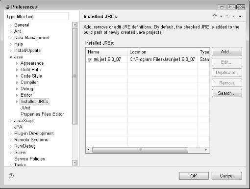 Part I Installation and Getting Started FIGURE 1.17 The expanded Java submenu with the Installed JREs item selected in the Preferences dialog box 1.