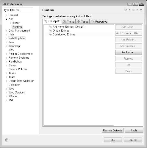 Part I Installation and Getting Started FIGURE 1.20 The expanded Ant submenu with the Runtime item selected in the Preferences dialog box. The Classpath tab is selected by default. 9.
