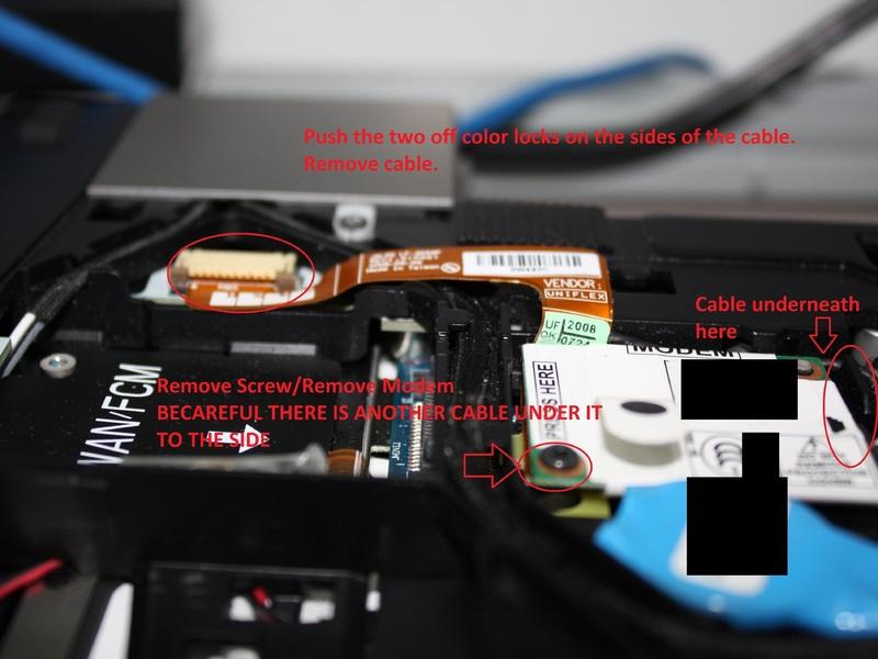 Step 10 Removing Modem card if applicable. Locate Modem bay on the middle left of the laptop next to the cooling assembly.