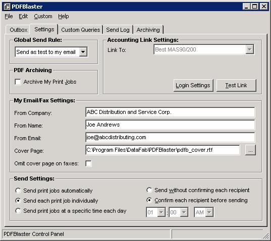 PDFBlaster QuickStart Guide: For Accountmate LAN Page 20 of 21 The PDFBlaster Settings Tab The PDFBlaster Settings tab contains settings that control how you want to process print jobs in your outbox.