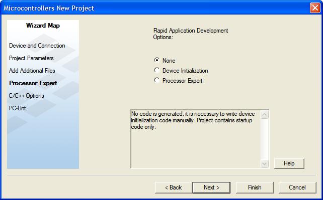 Processor Expert Dialog Box k. Select the None option button. l. Click Next the C/C++ Options dialog box appears.